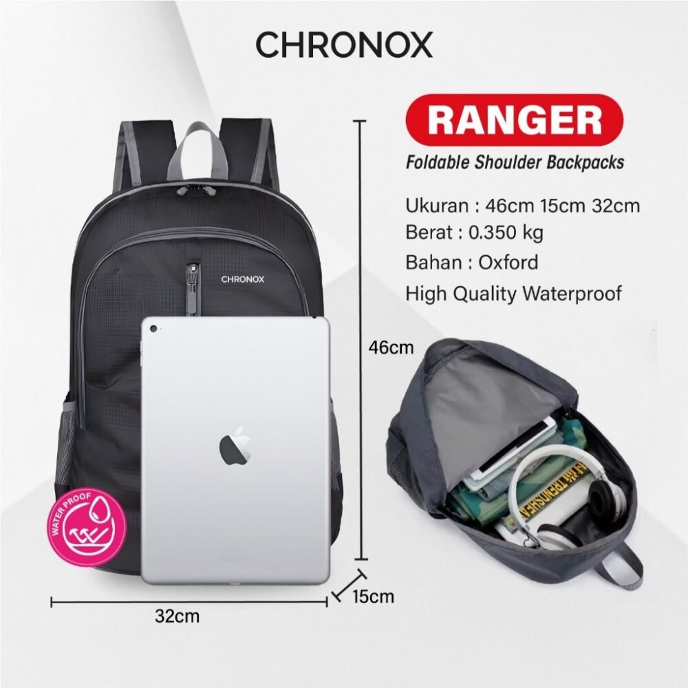 Tas Ransel Sekolah Kuliah Kerja - Backpack Bahan Waterproof Tas Laptop Anti Air - CHRONOX RANGER - Gambar 9