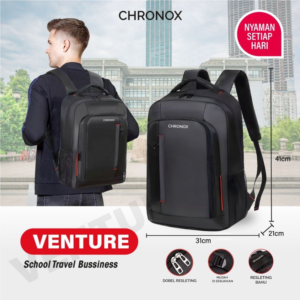 Tas Ransel Sekolah Kerja Kuliah - BackPack  - Waterproof CHRONOX VENTURE Hitam
